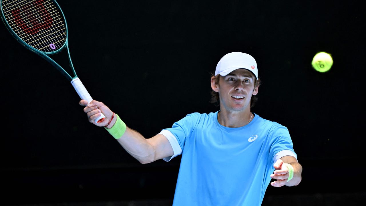 Alex de Minaur during a practice session at Melbourne Park on Tuesday ahead of his bid for an Australian Open title. Picture: William West / AFP