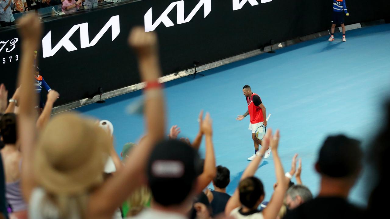 Aussie star Nick Kyrgios loves hyping the crowd but has also become frustrated at the inappropriate timing. Picture: Kelly Defina/Getty Images