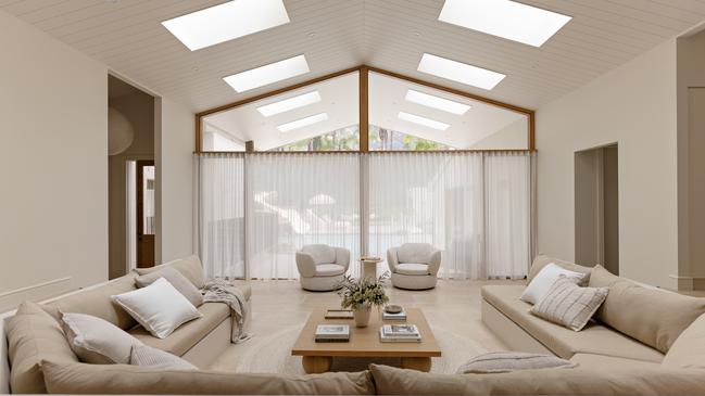 Calming natural hues in the living room at The Ambers, Port Stephens, NSW.