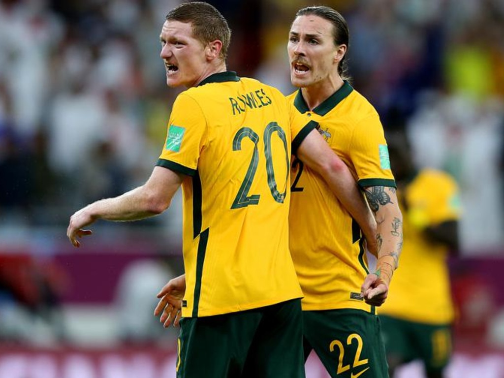 Kye Rowles (left) celebrates with Socceroos teammate Jackson Irvine. Picture: Mohamed Farag / Getty Images