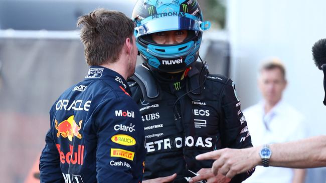 George Russell and Max Verstappen went at it. Photo by LISI NIESNER / POOL / AFP.