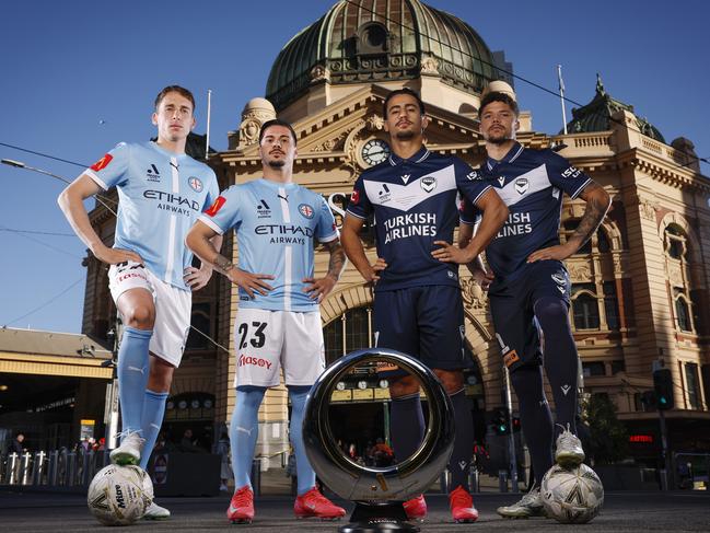 Melbourne City’s Kai Trewin and Marco Tilio are preparing to face off with Melbourne Victory’s Daniel Arzani and Clarismario Santos Rodrigues. Picture: Michael Klein