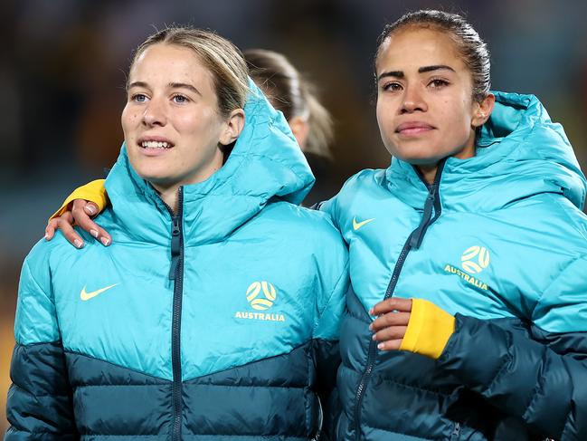 SYDNEY, AUSTRALIA - JUNE 03: Courtney Nevin and Mary Fowler of Australia look on after the international friendly match between Australia Matildas and China PR at Accor Stadium on June 03, 2024 in Sydney, Australia. (Photo by Cameron Spencer/Getty Images)