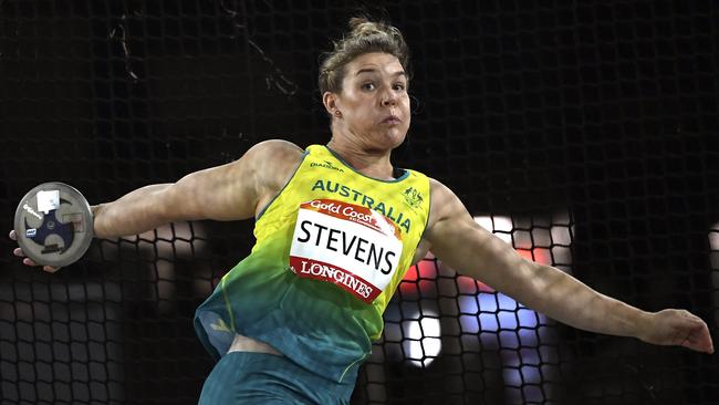 Dani Stevens of Australia in action during the Women's Discus Throw Final on day eight of the XXI Commonwealth Games, at Carrara Stadium on the Gold Coast, Australia, Thursday, April 12, 2018. (AAP Image/Dean Lewins) NO ARCHIVING, EDITORIAL USE ONLY