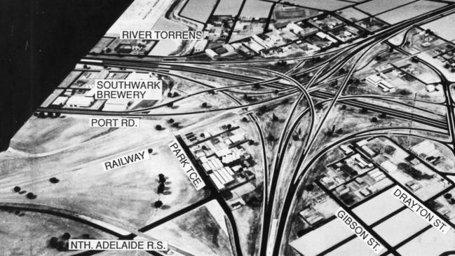 Pictures from 1969 show Hindmarsh before and after the drastic surgery required by the Metropolitan Adelaide Transportation plan. The area after the operation which traffic experts said was necessary to keep the good traffic arteries in good condition.