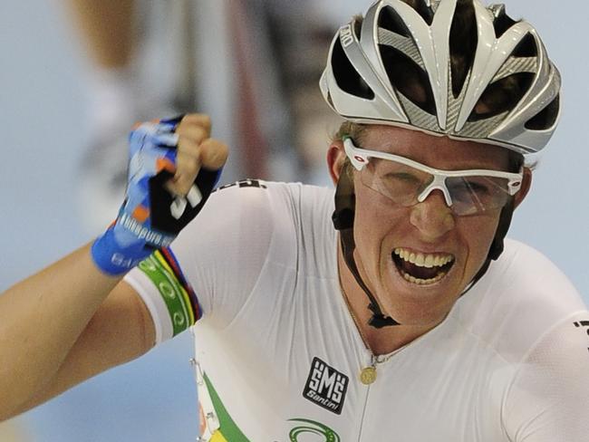 Cameron Meyer celebrates winning the men's points race 40km final in Bellerup near Copenhagen in 2010.