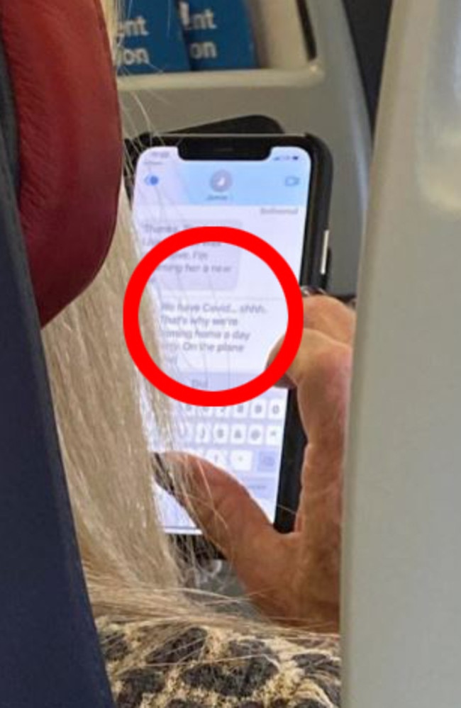 A female passenger divided critics on Reddit after purporting to spot a fellow passenger’s text, in which they claimed to have contracted Covid-19. Picture: Reddit