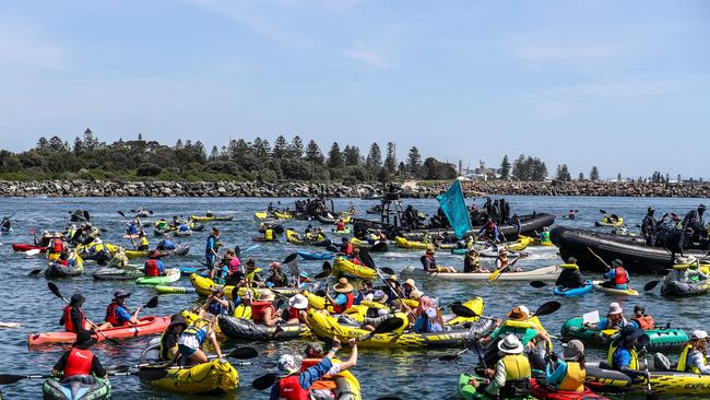 Three members of the group continued on their way to the Rising Tide Blockade. Picture: Roni Bintang/Getty Images