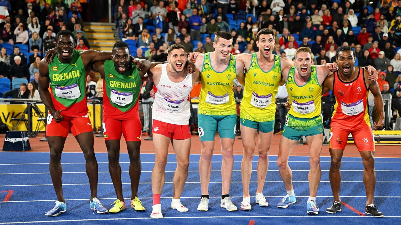 B Lindon Victor and Kurt Felix of Team Grenada, Harry Kendall of Team England, Alec Diamond, Daniel Golubovic and Cedric Dubler of Team Australia and Karo Iga of Team Papua New Guinea celebrate after the finish of the decathlon. Picture: David Ramos/Getty Images