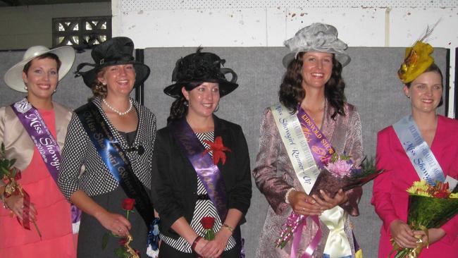 SHOWGIRLS: Jessica Zelow from Teebar, Megan Vicary from Mundubbera, Amy Hampson from Gayndah, Alexis Hindmarsh of Eidsvold and Miss Showgirl Carlyn Lewis of Monto at the Burnett Miss Showgirl sub-chamber finals 2012. Photo: Contributed