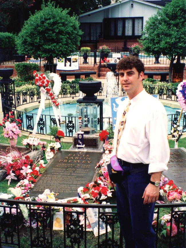 Definitely not the same person: Advertiser journalist Patrick McDonald at Elvis Presley's grave in Graceland, Memphis, August 1992. Picture: Patrick McDonald