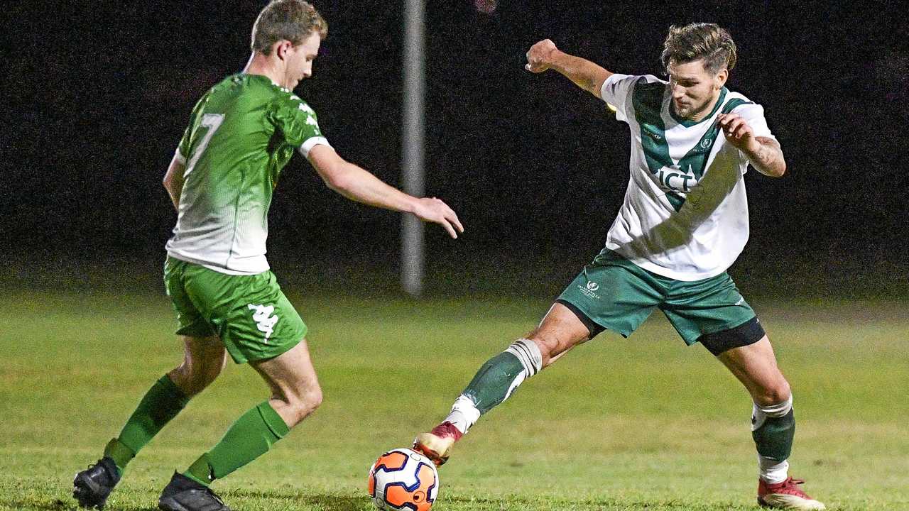 Frenchville's Jan Posch and Clinton's Joshua Finlay. Picture: Matt Taylor GLA030819SOCC