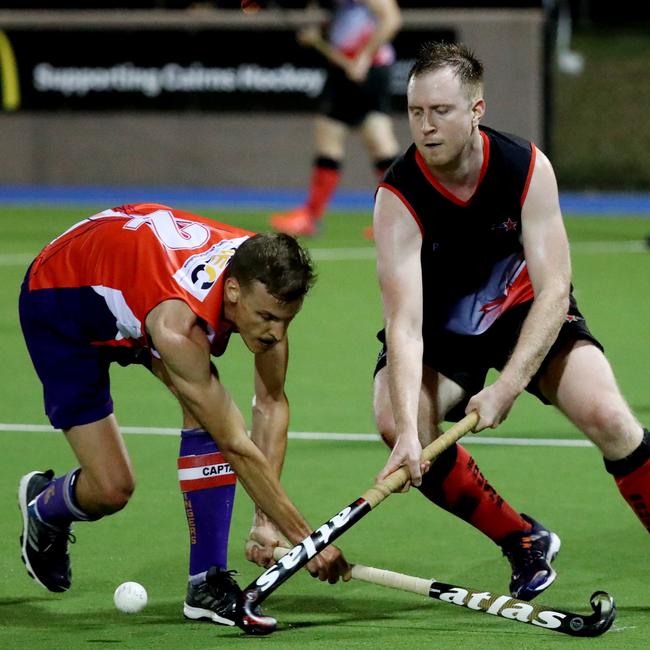 Cairns Hockey Association A-grade men's elimination semi-final between Souths and Stingers. Stingers' Apara Brewster- O'Brien and Souths' Joel Darbyshire. PICTURE: STEWART McLEAN