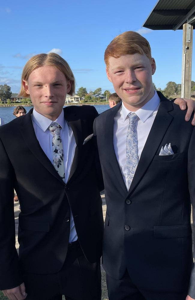 Taj Northfield and Jack Peachman. Year 12 Macksville High School formal on the banks of the Nambucca River, November 10, 2022. Picture: Chris Knight