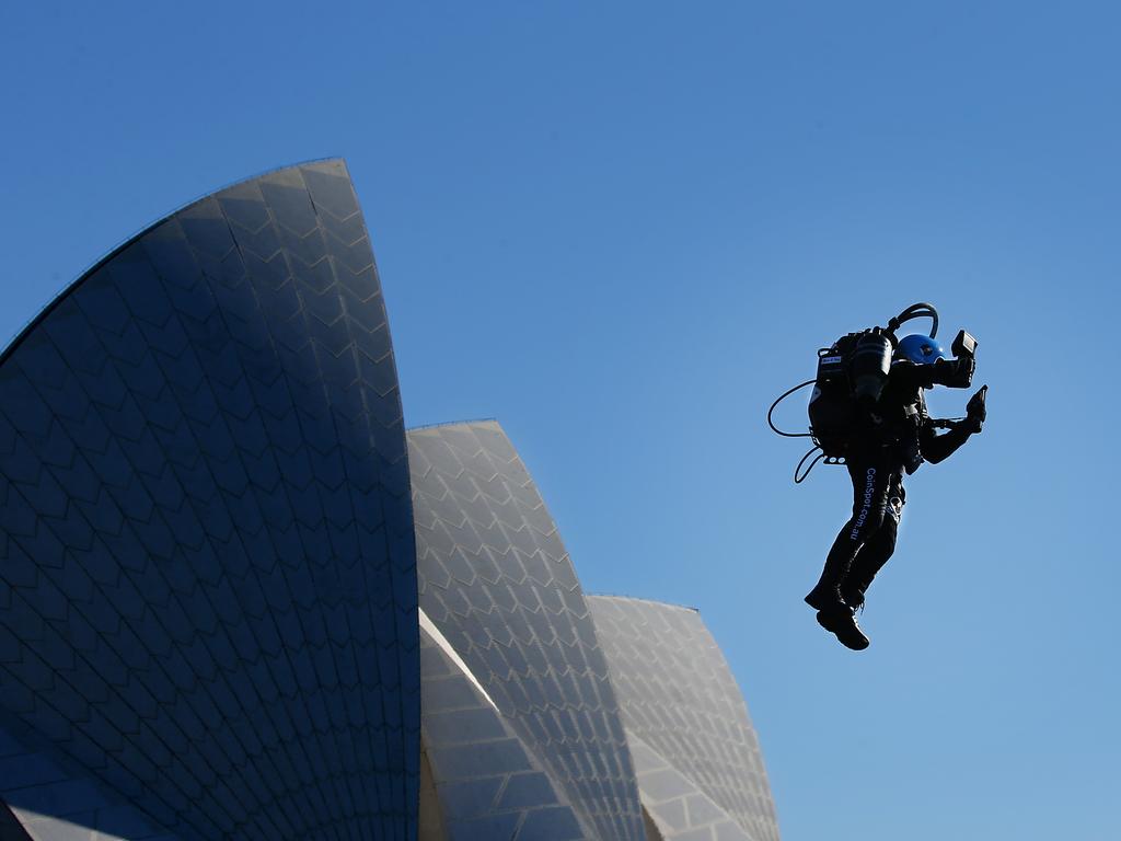 21/07/2019.  Australian entrepreneur David Mayman demonstraighting the worldÕs first real jetpack after successfully designing, building and test flying it at the Sydney Opera House today.
Before becoming an inventor,  David founded True Local, one the worldÕs first B to C search engines that he sold in the early 2000Õs. Jane Dempster/The Australian.