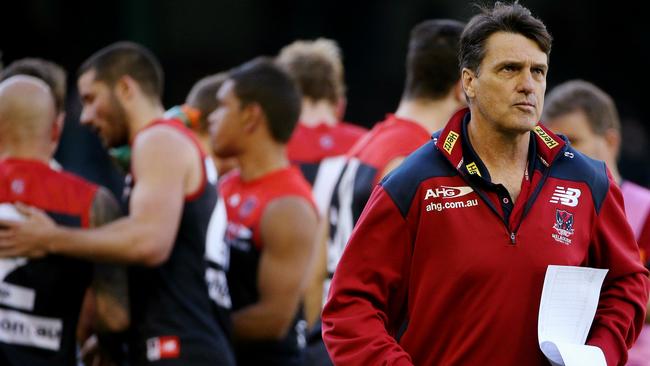 AFL Round 19- Melbourne v Brisbane Lions at Etihad Stadium. Paul Roos leaves the 3/4 time huddle. 3rd August 2014. Picture : Colleen Petch