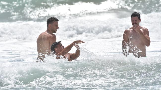 Adelaide Crows' players Brodie Smith and Mitch McGovern at Broadbeach, Gold Coast for the Adelaide Football Club pre-season camp in 2018. Picture: Adelaide Football Club.