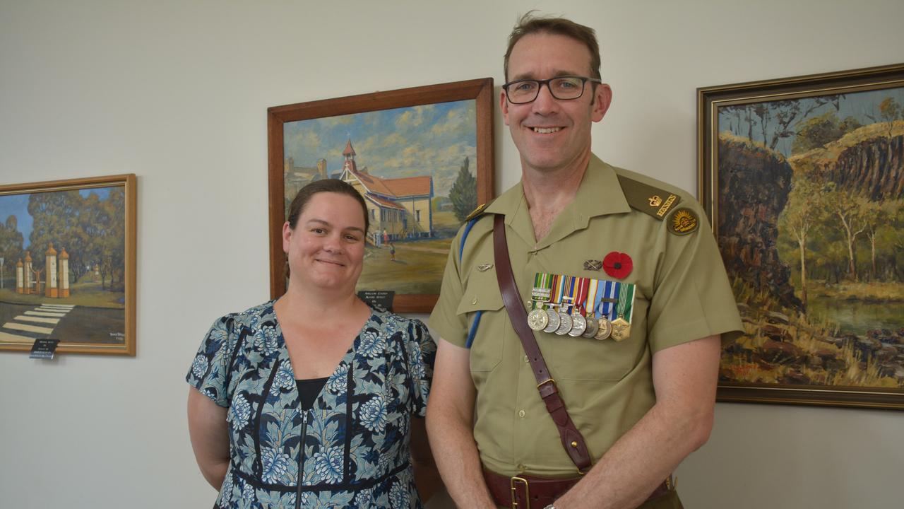 Former KSHS students Emma Leu-Marshall and Major Craig Campbell at the 2019 Kingaroy Remembrance Day service at KSHS. (Photo: Jessica McGrath)