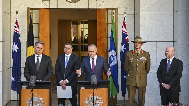 Anthony Albanese, Richard Marles, Pat Conroy, and General Angus Campbell hold a press conference after releasing the Defence Strategic Review at Parliament House Canberra. Picture: NCA NewsWire / Martin Ollman