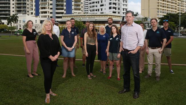 Cairns Chamber of Commerce CEO Patricia O'Neill and Tourism Tropical North Queensland CEO Mark Olsen hold grave concerns for the jobs of Nat Raben of Destination Marketing, Adam Jones of Experience Co, Nikki Giumelli of Bad Fishy, Harry Ratcliffe of Bad Fishy, Cara McMeel of Reef Teach, Roderic Rees of Cairns Adventure Group, Virginia Edwards of Cairns Aquarium, Justin Bovery-Spencer of Experience Co, Mel Alps of Divers Den, Kristian Cargill of Cairns Adventure Group, Jayde Edwards of Skypark Cairns, Daniel Leipnik of Cairns Aquarium and Luke Major of Skypark. Picture: Brendan Radke