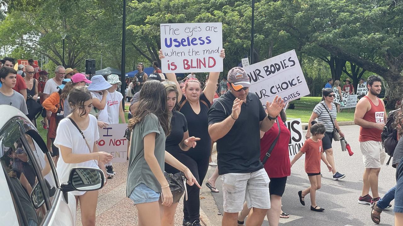 Protesters march through Darwin’s CBD against vaccination mandates on January 15 2022. Picture: Thomas Morgan