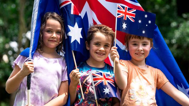 Summer Dunn, 7, Logan Delport, 6 and Emelia, 7 enjoy their Australia Day celebrations in Parramatta Park. Photo: Tom Parrish