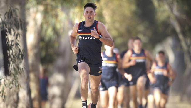 Jones leads his teammates a merry dance on the way to winning the Crows’ 2km time trial in November. Picture: Dean Martin (AAP)