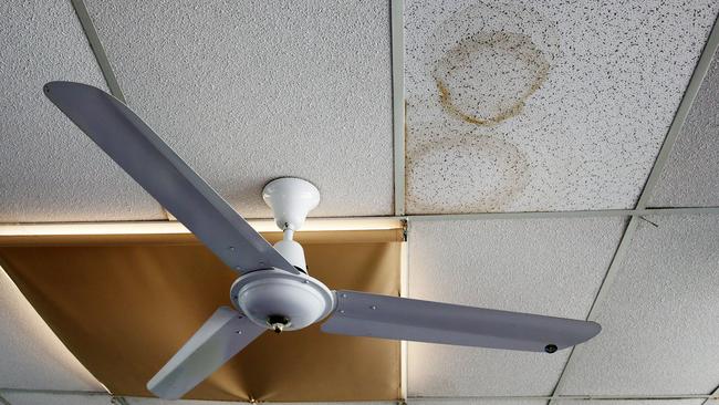 The roof regularly leaks and suffers water damage.