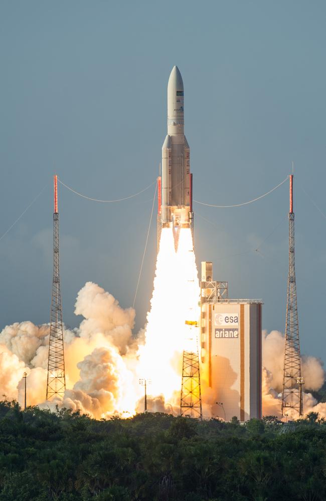 A rocket caring Sky Muster II satellite is launched at the Guiana Space Centre in South America. Picture: AAP / National Broadband Network