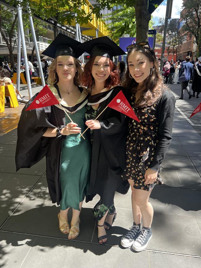 Emily Morton (Bachelor of Science, Food Technology and Nutrition), Mandolin Marriner (Bachelor of Science, Food Technology and Nutrition) and Lillian Marriner at the RMIT University graduation day on Wednesday, December 18, 2024. Picture: Jack Colantuono