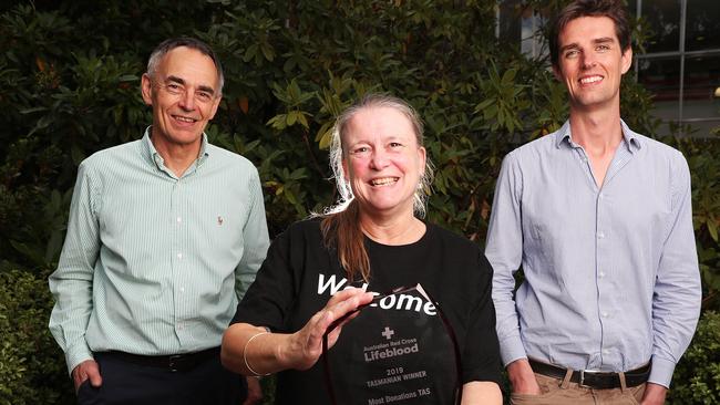 UTAS staff members Tony Graddon, left, Jane Kovacs, and Dr Andy McCulloch. UTAS staff and students made 1572 donations in 2019 to Australian Red Cross Lifeblood. Picture: NIKKI DAVIS-JONES