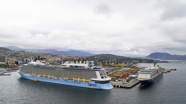 Cruise ships The Ovation Of The Seas (left) and the MS Noordam docked in Hobart together.