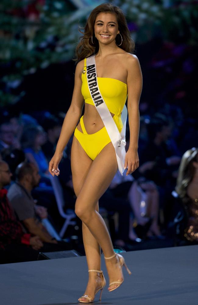 Miss Australia Francesca Hung in her bright, one-piece swimsuit. 