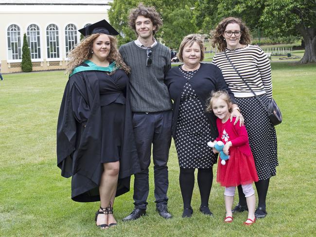 Hollie Sloan, Rafael Martin, Sue Aylett, Lola Bramich 5 and Samantha Bramich at the UTAS Graduation at Launceston. PICTURE CHRIS KIDD