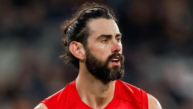 MELBOURNE, AUSTRALIA - AUGUST 12: Brodie Grundy of the Demons in action during the 2023 AFL Round 22 match between the Carlton Blues and the Melbourne Demons at Melbourne Cricket Ground on August 12, 2023 in Melbourne, Australia. (Photo by Dylan Burns/AFL Photos via Getty Images)