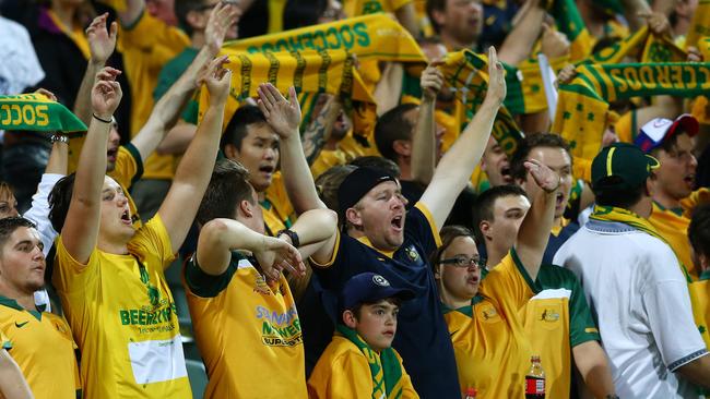 Australian fans support the Socceroos against Tajikistan at Adelaide Oval. Photo: Sarah Reed.