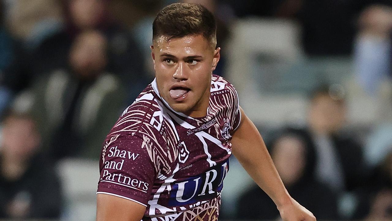 CANBERRA, AUSTRALIA - MAY 21: Josh Schuster of the Sea Eagles scores a try during the round 12 NRL match between Canberra Raiders and Manly Sea Eagles at GIO Stadium on May 21, 2023 in Canberra, Australia. (Photo by Mark Metcalfe/Getty Images)