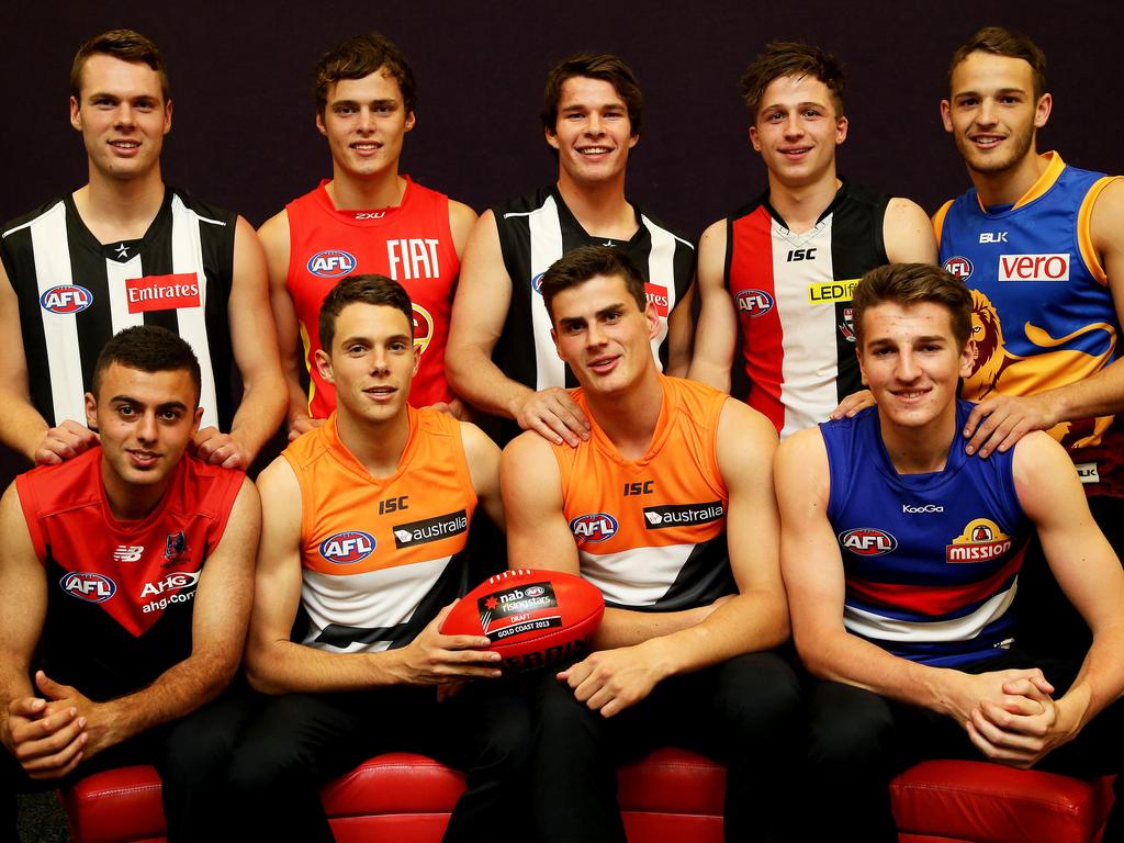 From the back, Matt Scharenberg, Kade Kolodjashnij, Nathan Freeman, Jack Billings, James Aish, Christian Salem, Josh Kelly, Tom Boyd and Marcus Bontempelli after the 2013 draft.