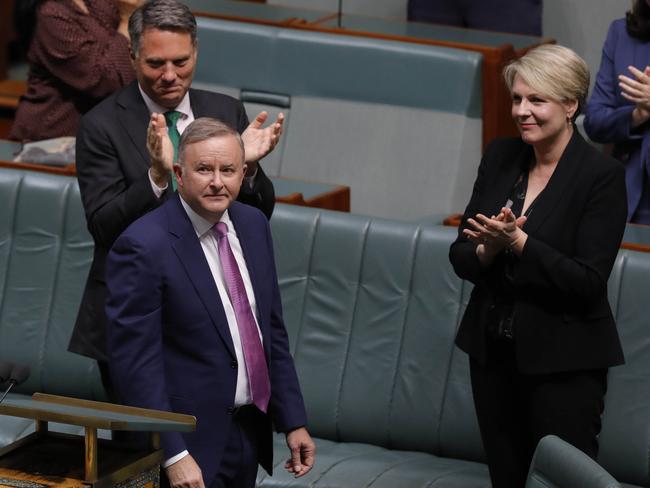 Anthony Albanese is congratulated by Labor colleagues after delivering his 2020/21 budget reply. Picture: Sean Davey