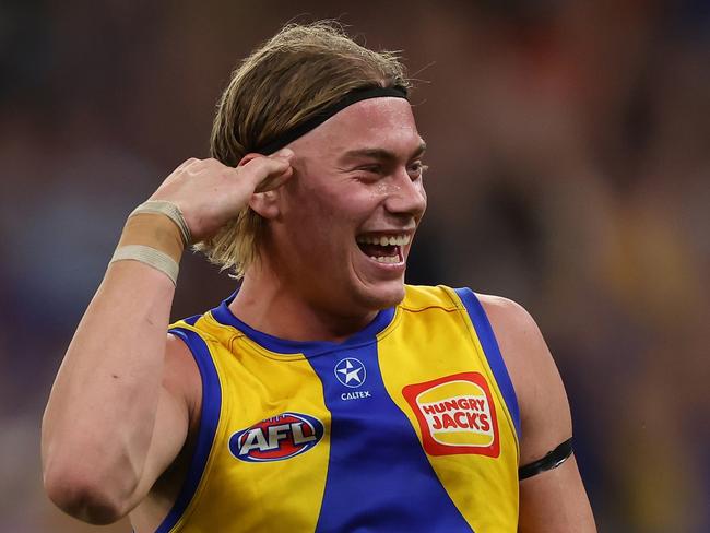 PERTH, AUSTRALIA - APRIL 20: Harley Reid of the Eagles celebrates after scoring a goal during the 2024 AFL Round 06 match between the West Coast Eagles and the Fremantle Dockers at Optus Stadium on April 20, 2024 in Perth, Australia. (Photo by Will Russell/AFL Photos via Getty Images)