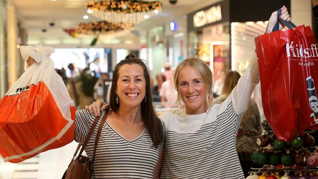 Angela Sormaz from Belmont and Anne Church from Ocean Grove finishing off their Christmas shopping at Westfield. Picture: Glenn Ferguson