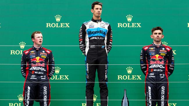 Percat stands on the podium in Melbourne. (L-R) Will Brown, Nick Percat and Broc Feeney. (Photo by Daniel Kalisz/Getty Images)