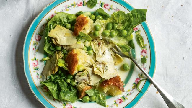 Skye McAlpine’s panzanella with garden peas and baby artichokes