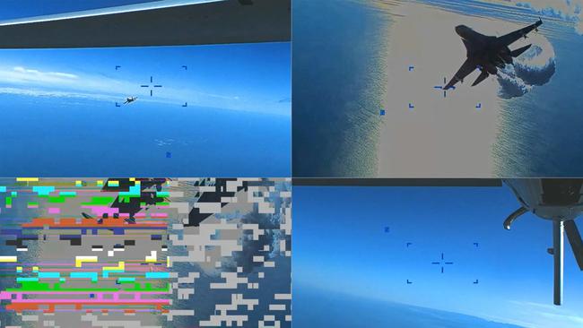 Clockwise From top left: On-board footage from a US Air Force MQ-9 drone as it is approached by a Russian SU-27 aircraft; as the Russian aircraft jettisons fuel while approaching the drone; the moment of the collision and the drone with a damaged propeller. Pictures: U.S. European Command via AFP