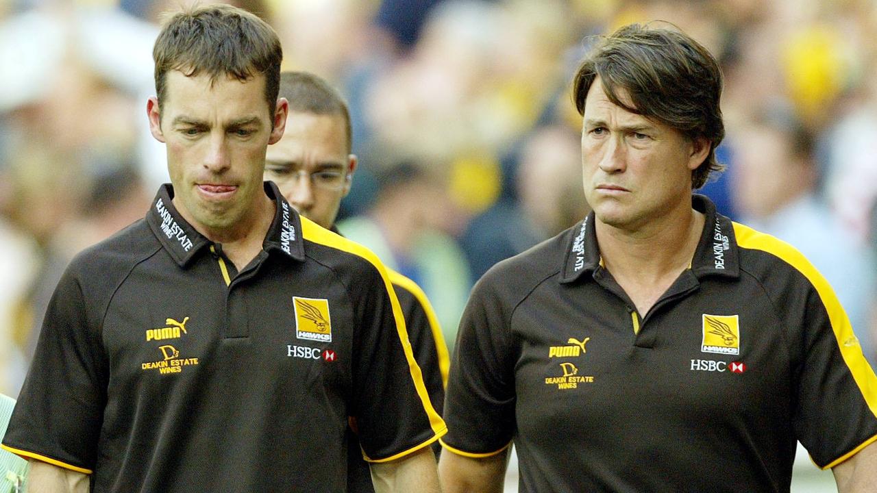 Hawthorn coach Alastair Clarkson and Todd Viney walk off after the loss. Richmond v Hawthorn. MCG.