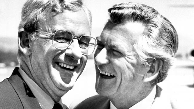 Labor prime minister Bob Hawke, right, with Bill Hayden after he was named as governor-general.