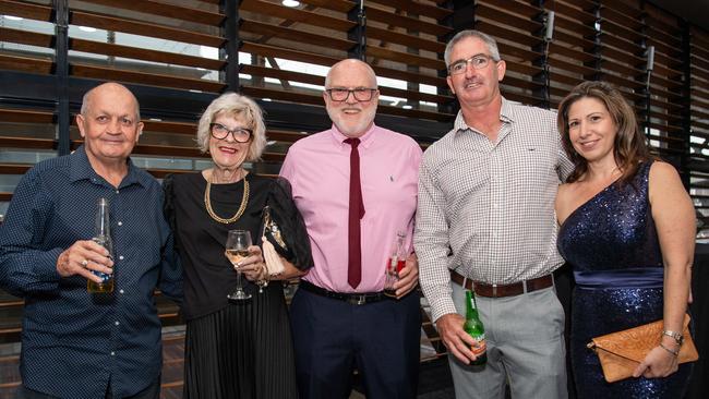 John Johnson, Sandra Wonka, Ernie Wonka, Nigel Doyle and Artemis Ikonomou at the 2023 NRL NT Frank Johnson / Gaynor Maggs medal night. Picture: Pema Tamang Pakhrin