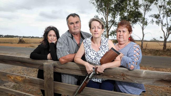 Angle Vale residents Tracey and Bill Gilkes, Shirley Bell and Deb Jackson are worried shooting on their properties might scare students at a new super school. Picture: Russell Millard/AAP