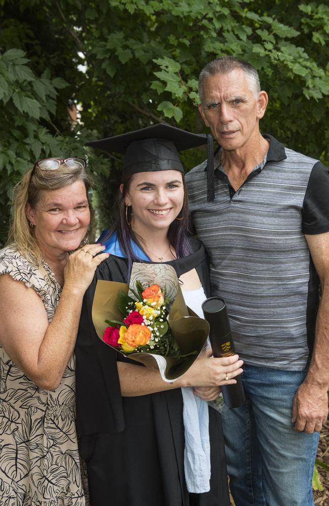 Bachelor of Nursing graduate Rakiya Thomas with Fiona and Paul Thomas at a UniSQ graduation ceremony at Empire Theatres, Tuesday, February 13, 2024. Picture: Kevin Farmer