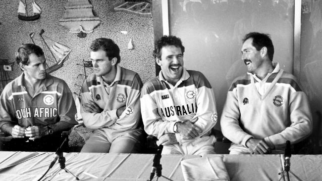 Kepler Wessels, Martin Cowe, Allan Border and Graham Gooch at the 1992 World Cup launch.